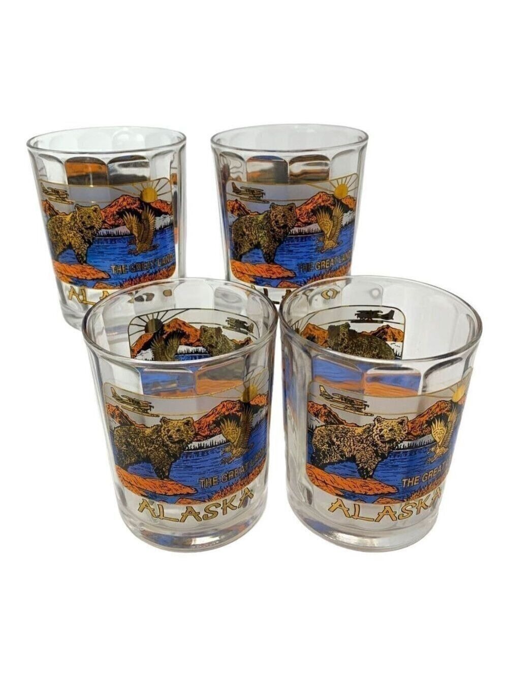 ALASKA Collectible Glass Bear Scenic Souvenir Of Alaska The Great Land Lot Set